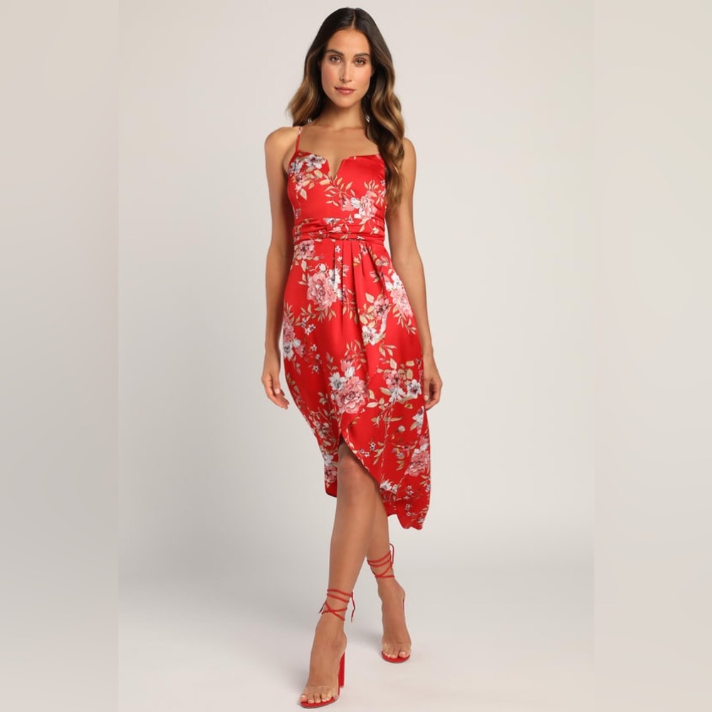 Lulus My Favorite Day Red Floral Print Tulip Skirt Midi Dress